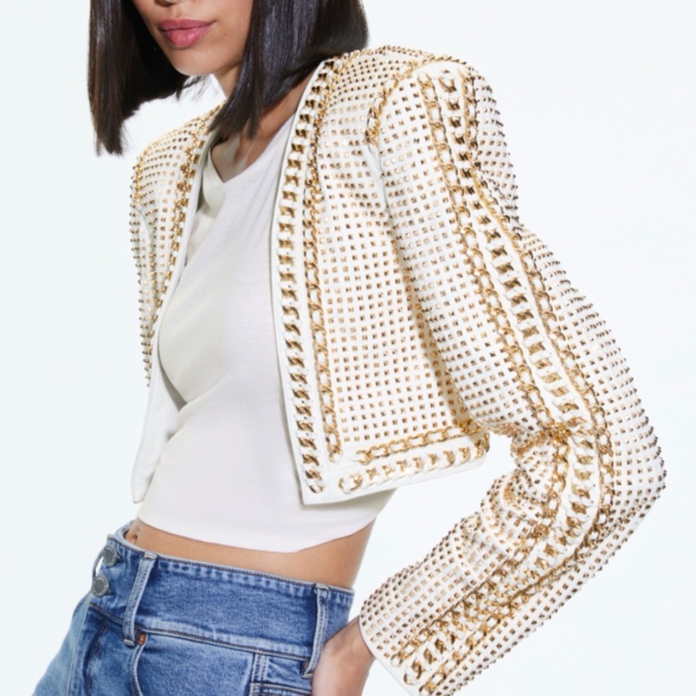 Alice + Olivia MAIRA Cropped Leather Jacket with Chain Trim